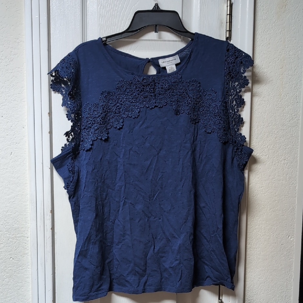 Liz Claiborne Navy Lace Trim Blouse